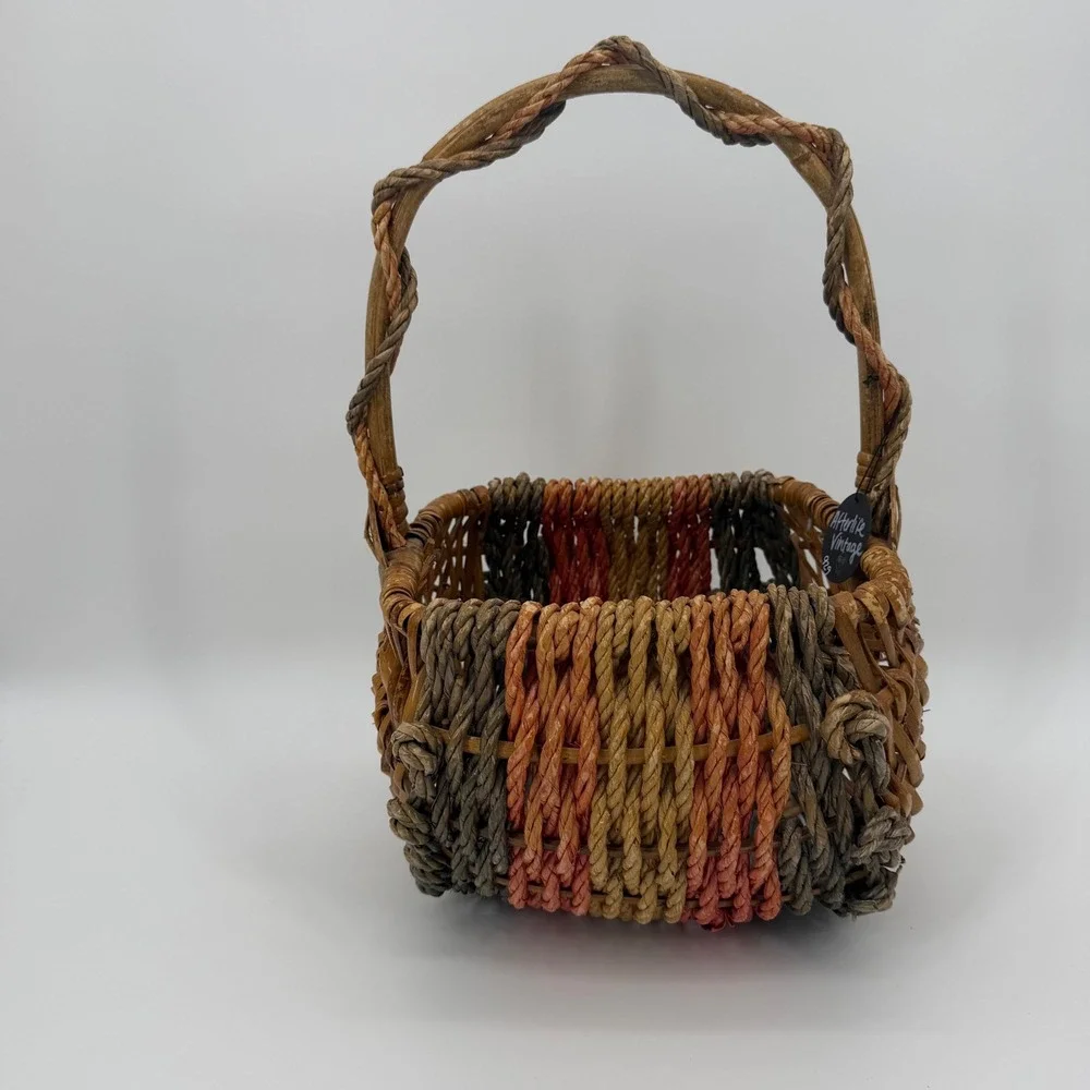 Vintage Multi-Tonal Woven Wicker Basket with Twisted Handle Square Base Rustic